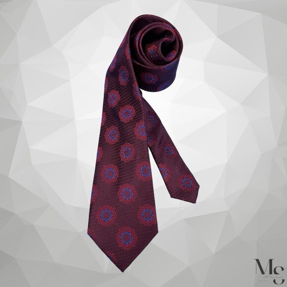 CANALI 1934 Burgundy Medallion Print Silk Tie Made In Italy 59” x 3.25